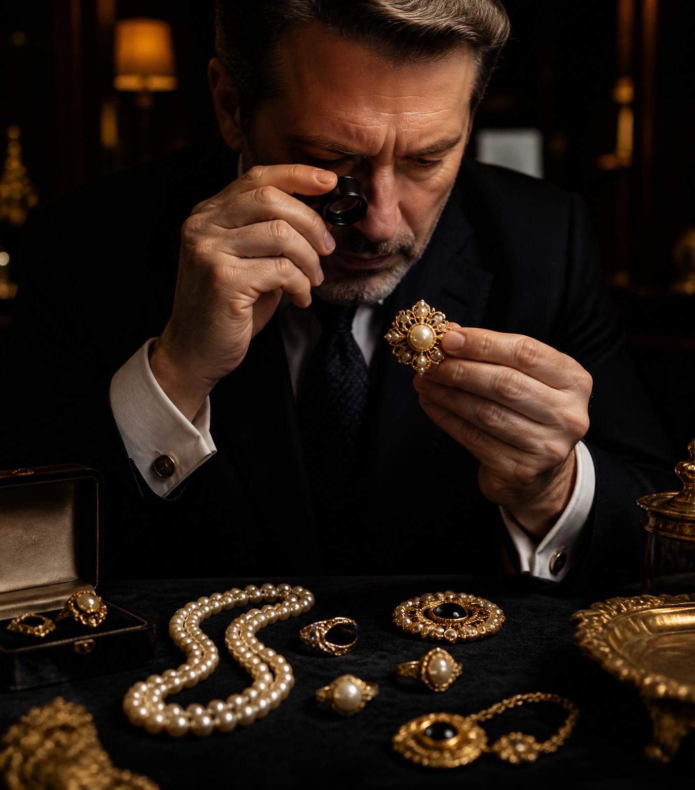 Jeweler examining estate jewelry with a loupe